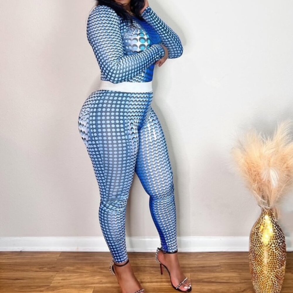 Blue Geometric Print Long Sleeve Bodycon 2 Piece